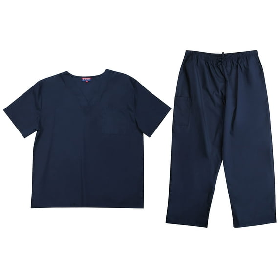 Tropi Mens Scrub Sets - Four Pocket Medical Scrubs Uniform (V-Neck with Cargo Pant) (Navy, Small)