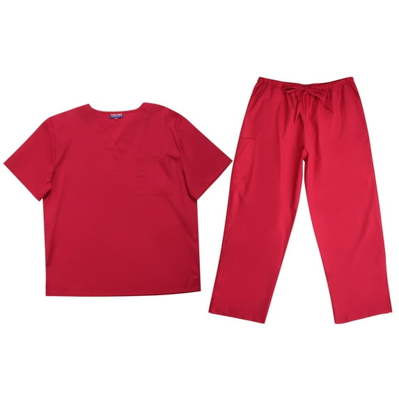 Tropi Mens Scrub Sets - Four Pocket Medical Scrubs Uniform (V-Neck with Cargo Pant) (Red, XXX-Large)