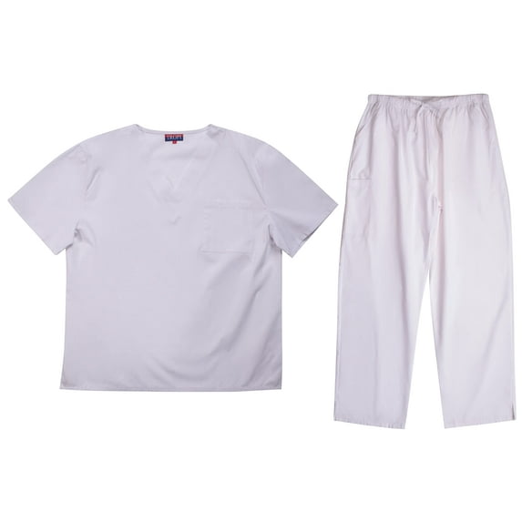 Tropi Mens Scrub Sets - Four Pocket Medical Scrubs Uniform (V-Neck with Cargo Pant) (White, Medium)