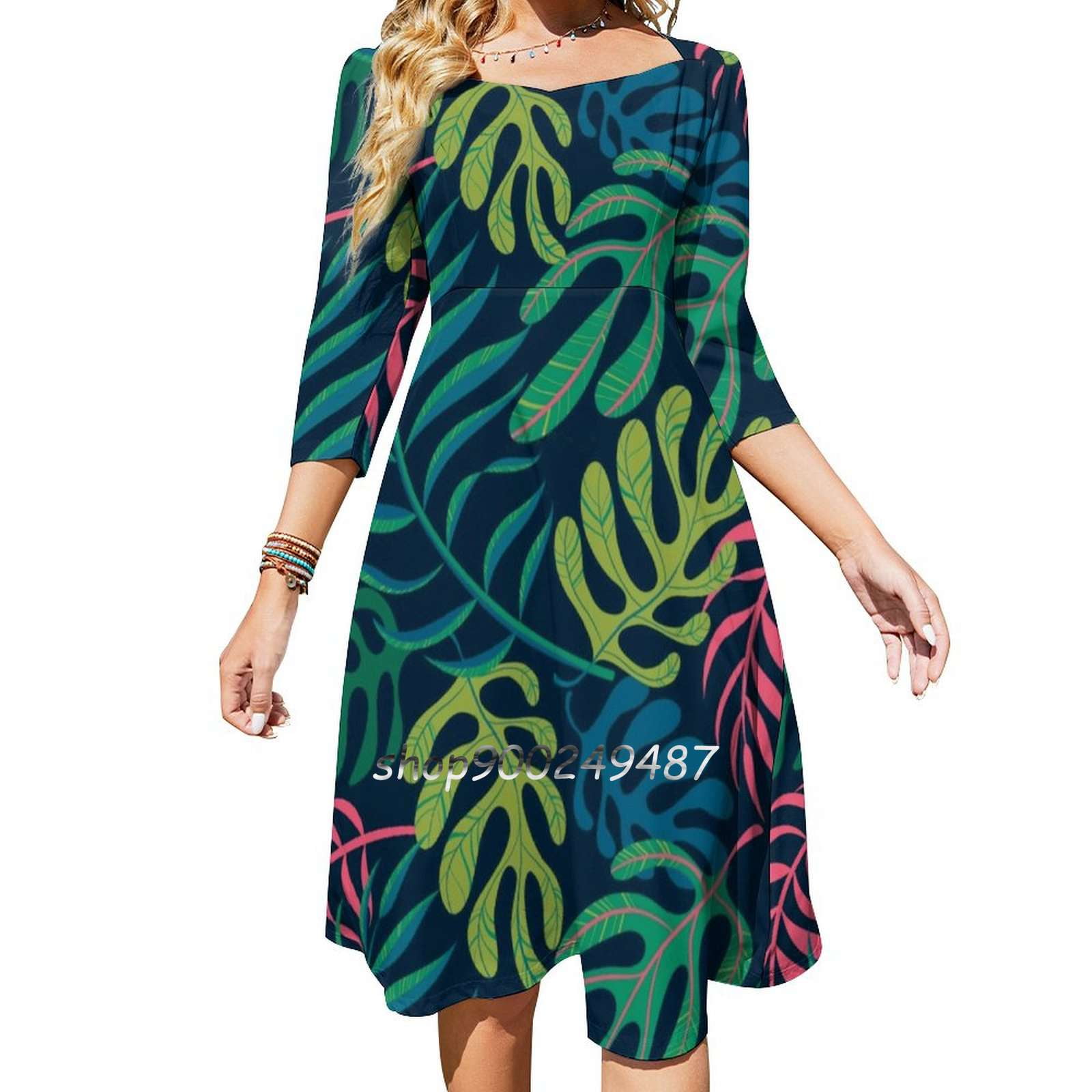 Tropi Square Neck Dress Sweet Summer Dress Women Elegant Halter Print