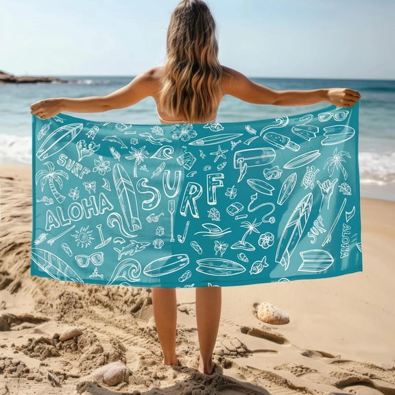 TropiC1Al Surf Beach Towel, a1loha Black Doodle Design,Summer Pool Towel for T1EEns & Adul,SurfB1Oard Ocean Vibes,Surf Towel in t1rendy Colors