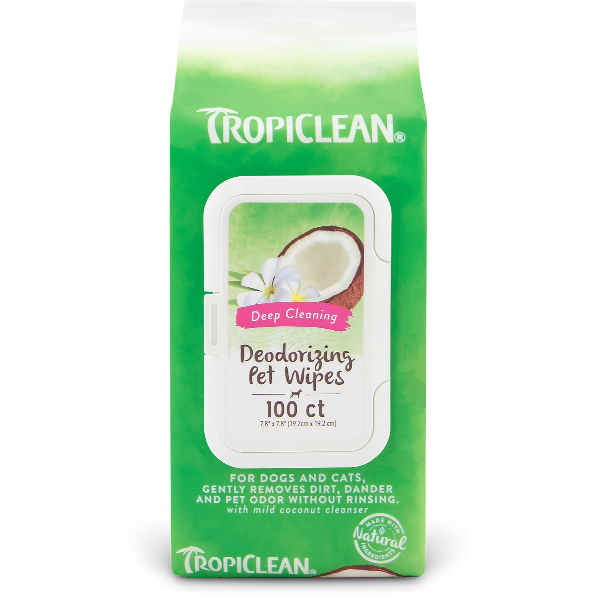 TropiClean Deep Cleaning Dog & Cat Deodorizing Wipes, 100 Ct