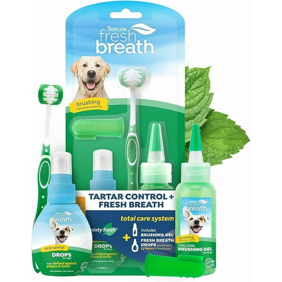 TropiClean Fresh Breath Dog Oral Care Kit - Plaque & Tartar Control, Large Dog, Kit