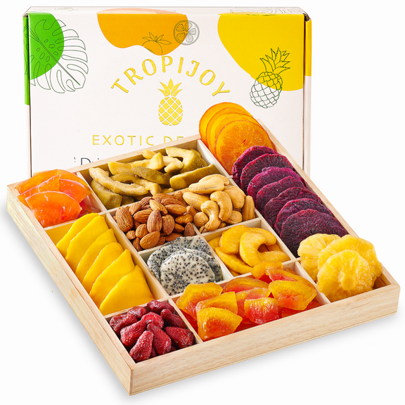 TropiJoy Fruit Basket Gift Set - 12 Tropical Flavors - Gourmet Dried Fruit Gift Basket - Valentines Day Dried Fruit Tray Food Gift Sets - Fruit Baskets Gifts Real Fruit - Fruit Baskets for Delivery
