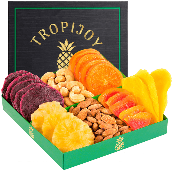 TropiJoy Fruit Basket Gift Set - 7 Tropical Flavors - Gourmet Dried Fruit Gift Basket - Valentines Day Dried Fruit Tray Food Gift Sets - Fruit Baskets Gifts Real Fruit - Fruit Baskets for Delivery