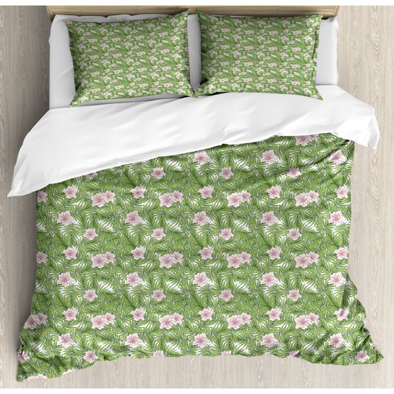 Tropic Duvet Cover Set, Aloha Foliage Botanical Art with Flowers on Leaves, Decorative 3 Piece Bedding Set with 2 Pillow Shams, Calking Size, Olive Green Blush, by Ambesonne