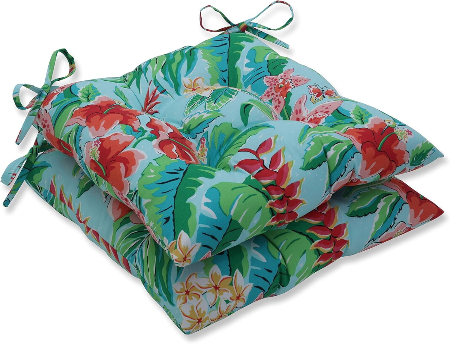 Tropical Paradise Blue and Green Tufted Outdoor Chair Cushions