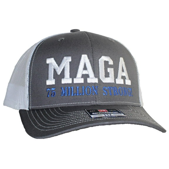 Tropic Hats Adult Embroidered MAGA 75 Million Strong 6 Panel Trucker Cap - Charcoal/White