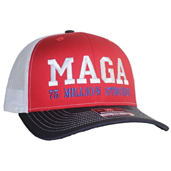 Tropic Hats Adult Embroidered MAGA 75 Million Strong 6 Panel Trucker Cap - Red/White/Black