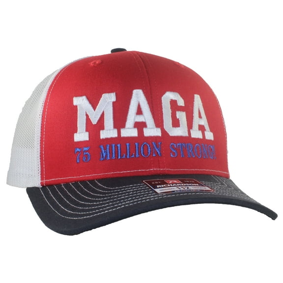 Tropic Hats Adult Embroidered MAGA 75 Million Strong 6 Panel Trucker Cap - Red/White/Navy