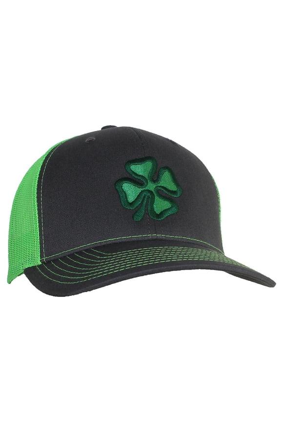 Adult Embroidered Shamrock/Clover 6 Panel Trucker Cap W/Snapback - Charcoal Gray/Neon Green