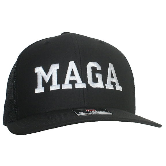 Tropic Hats Adult Embroidered Trump MAGA 6 Panel Trucker Cap W/Snapback - Black/Black