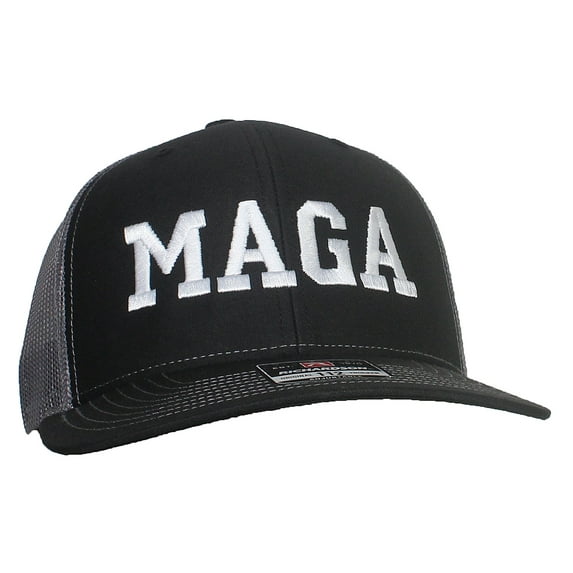 Tropic Hats Adult Embroidered Trump MAGA 6 Panel Trucker Cap W/Snapback - Black/Charcoal Gray