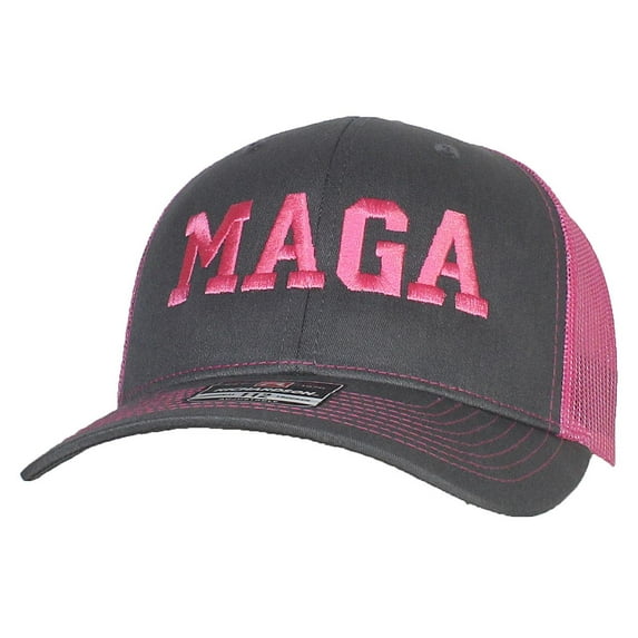 Tropic Hats Adult Embroidered Trump MAGA 6 Panel Trucker Cap W/Snapback - Charcoal Gray/Neon Pink