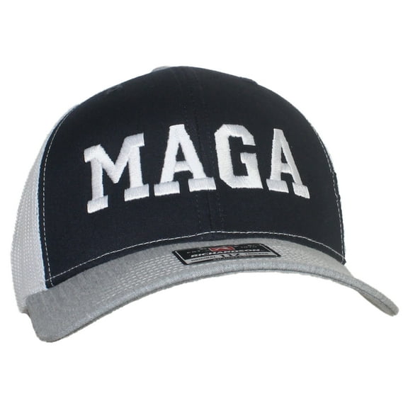 Tropic Hats Adult Embroidered Trump MAGA 6 Panel Trucker Cap W/Snapback - Navy/White/Heather Gray