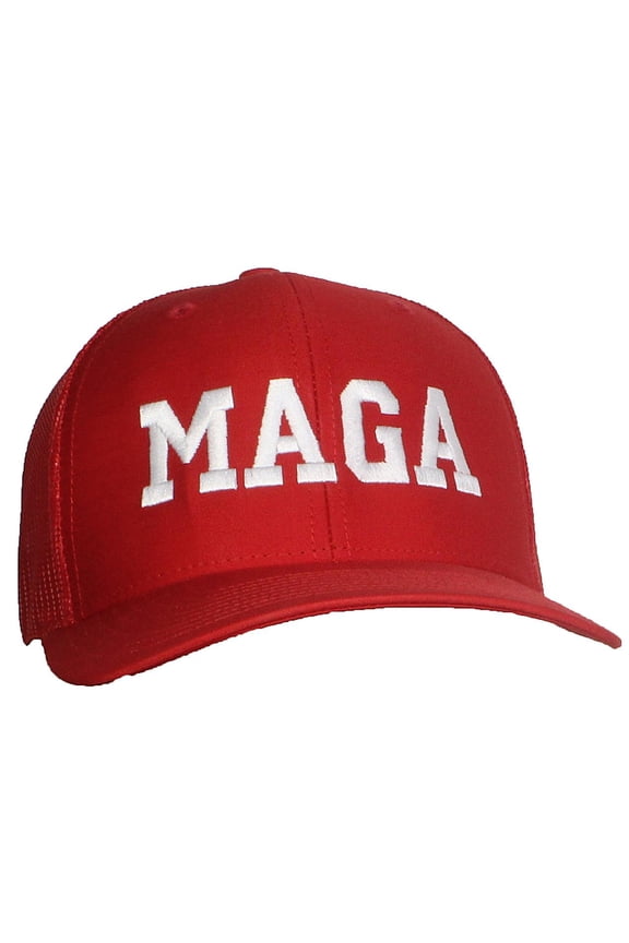 Adult Embroidered Trump MAGA 6 Panel Trucker Cap W/Snapback - Red/Red