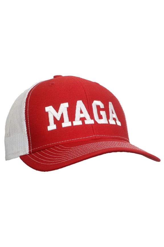 Adult Embroidered Trump MAGA 6 Panel Trucker Cap W/Snapback - Red/White