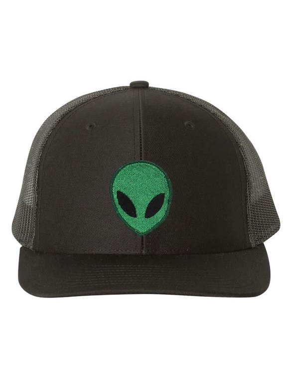 Embroidered Alien Face 6 Panel Trucker Snapback Cap - Black/Black