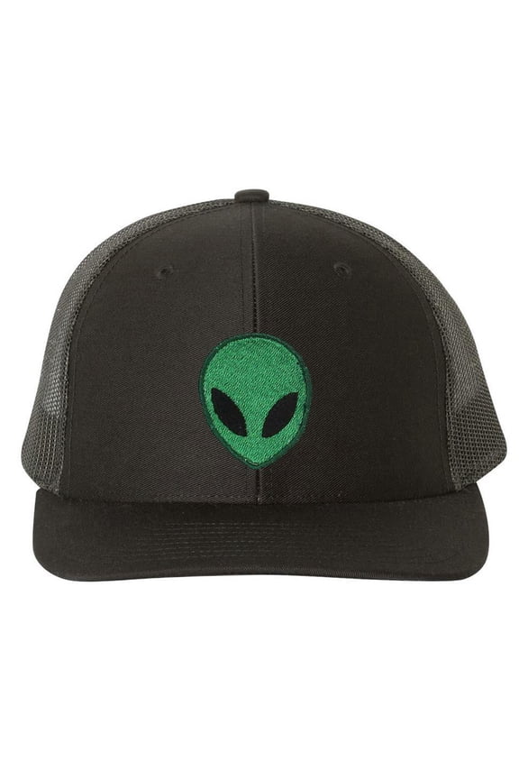 Embroidered Alien Face 6 Panel Trucker Snapback Cap - Black/Black