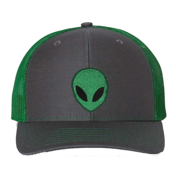 Tropic Hats Embroidered Alien Face 6 Panel Trucker Snapback Cap - Charcoal Gray/Kelly Green