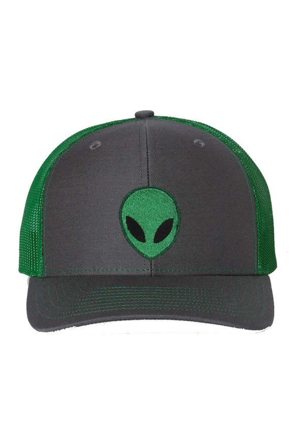 Embroidered Alien Face 6 Panel Trucker Snapback Cap - Charcoal Gray/Kelly Green