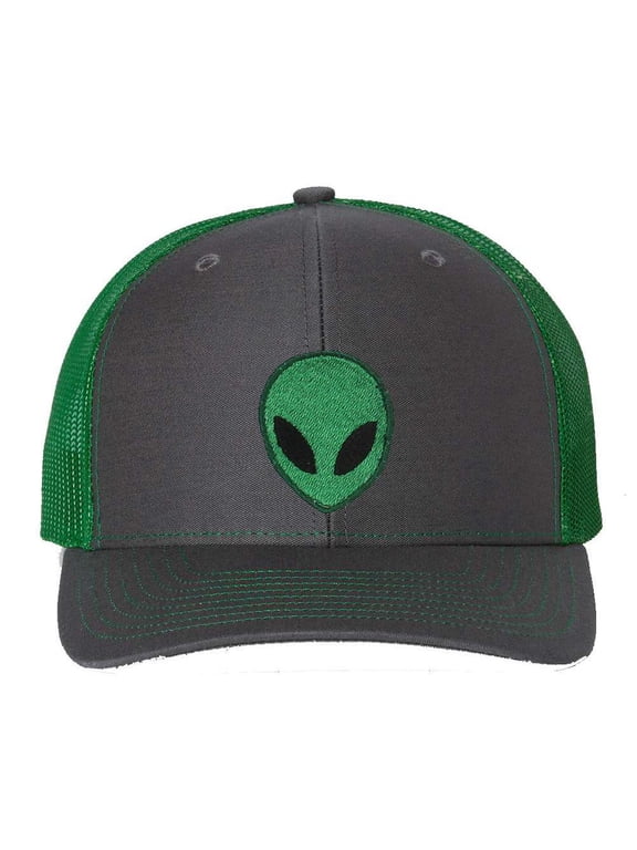 Embroidered Alien Face 6 Panel Trucker Snapback Cap - Charcoal Gray/Kelly Green