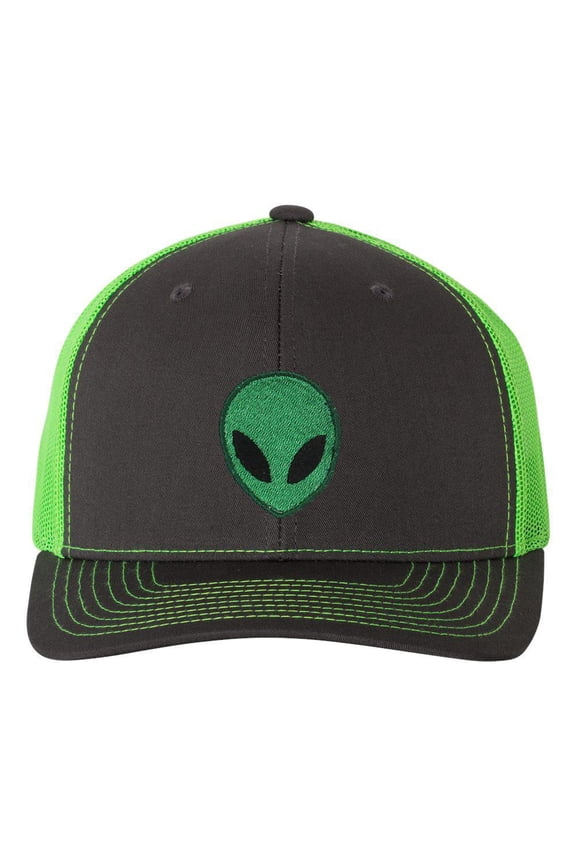 Embroidered Alien Face 6 Panel Trucker Snapback Cap - Charcoal Gray/Neon Green
