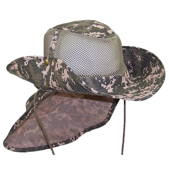 Tropic Hats Summer Wide Brim Mesh Safari/Outback W/Neck Flap & Snap Up Sides - Digital Camo S