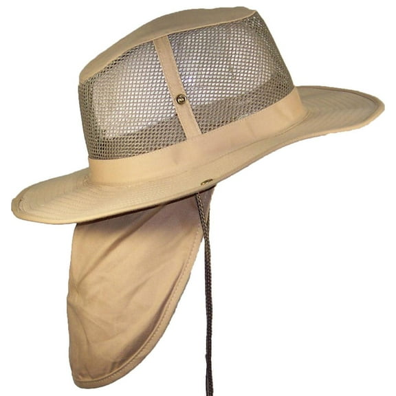 Tropic Hats Summer Wide Brim Mesh Safari/Outback W/Neck Flap & Snap Up Sides - Khaki XL