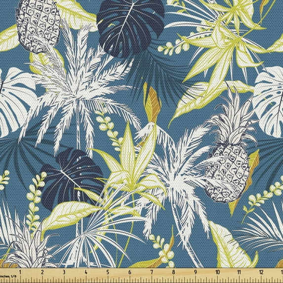 Ambesonne Tropic Fabric by the Yard Upholstery, Summer Pineapples and Leaves, 1 Yard, Sea Blue Multicolor