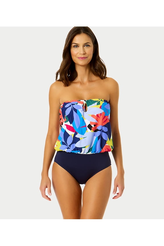 MULTI Tropic Stamp Strapless Blouson One-Piece Swimsuit, US 10