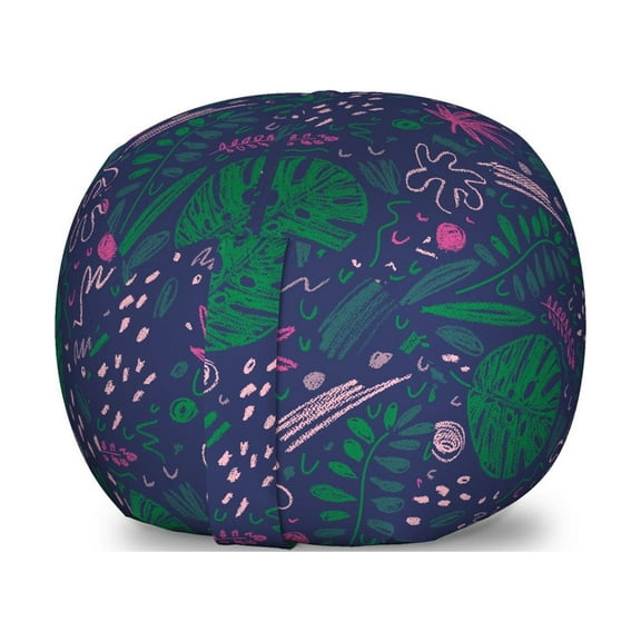 Tropic Storage Toy Bag Chair, Hand Drawn Exotic Flowers and Foliage Hawaiian Jungle Theme Print, Stuffed Animal Organizer Washable Bag, Small Size, Indigo Green, by Ambesonne