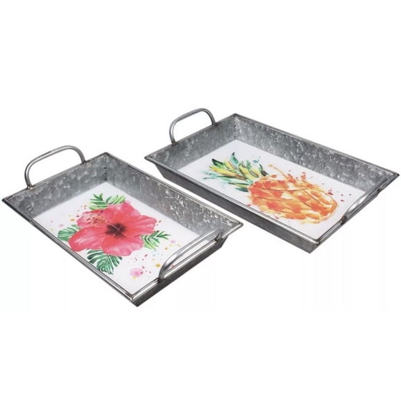 Tropical 2 Piece Galvanized Tray Set In Hibiscus Pineapple