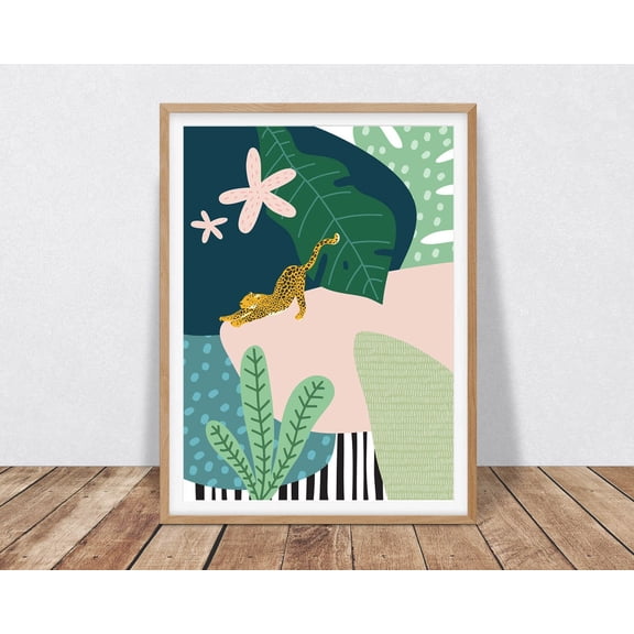 Tropical Abstract Art Featuring Leopard Print, Abstract Jungle Wall Art, Greenery Collage Style Abstract Wall Art Home Decor #4017, Unframed Poster Size 8x12