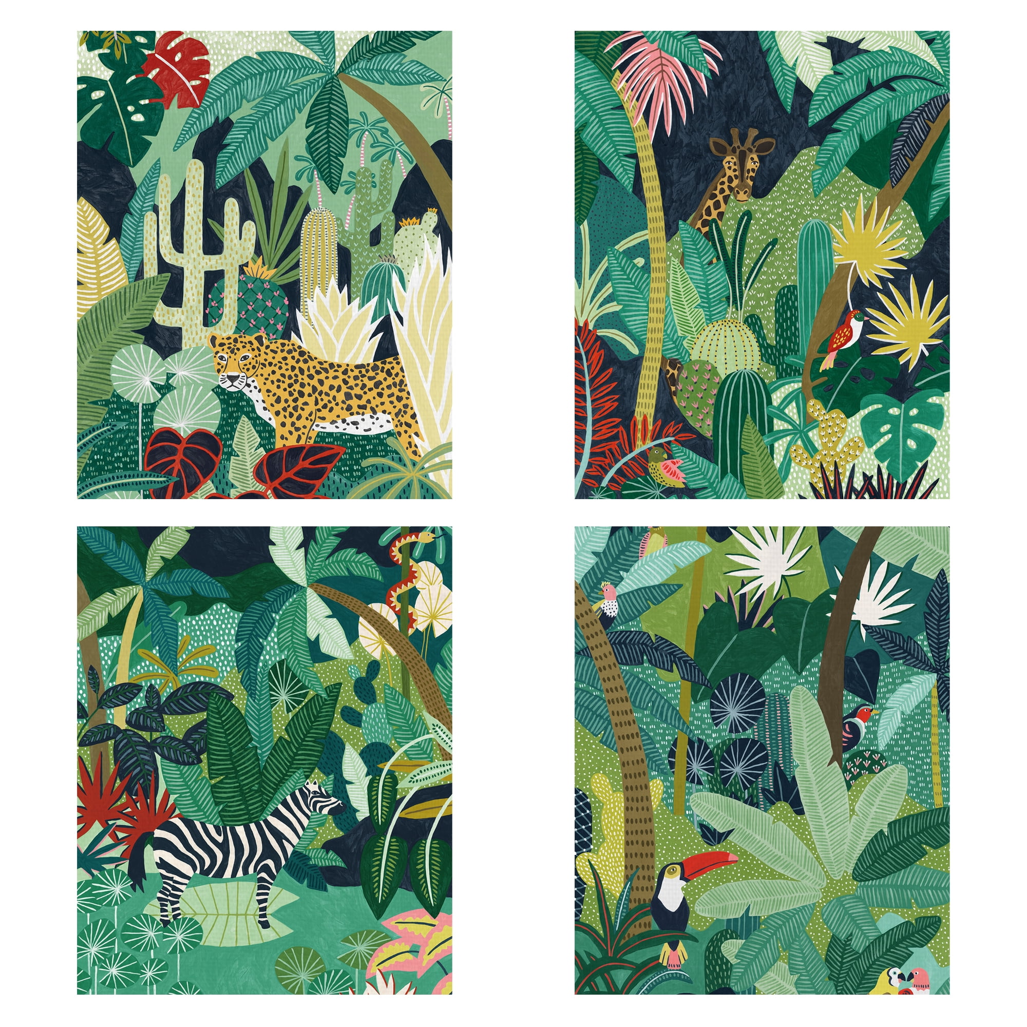 Tropical Acinonyx, Aves, Equus, & Okapi by Kristine Hegre Set of Canvas Art Prints