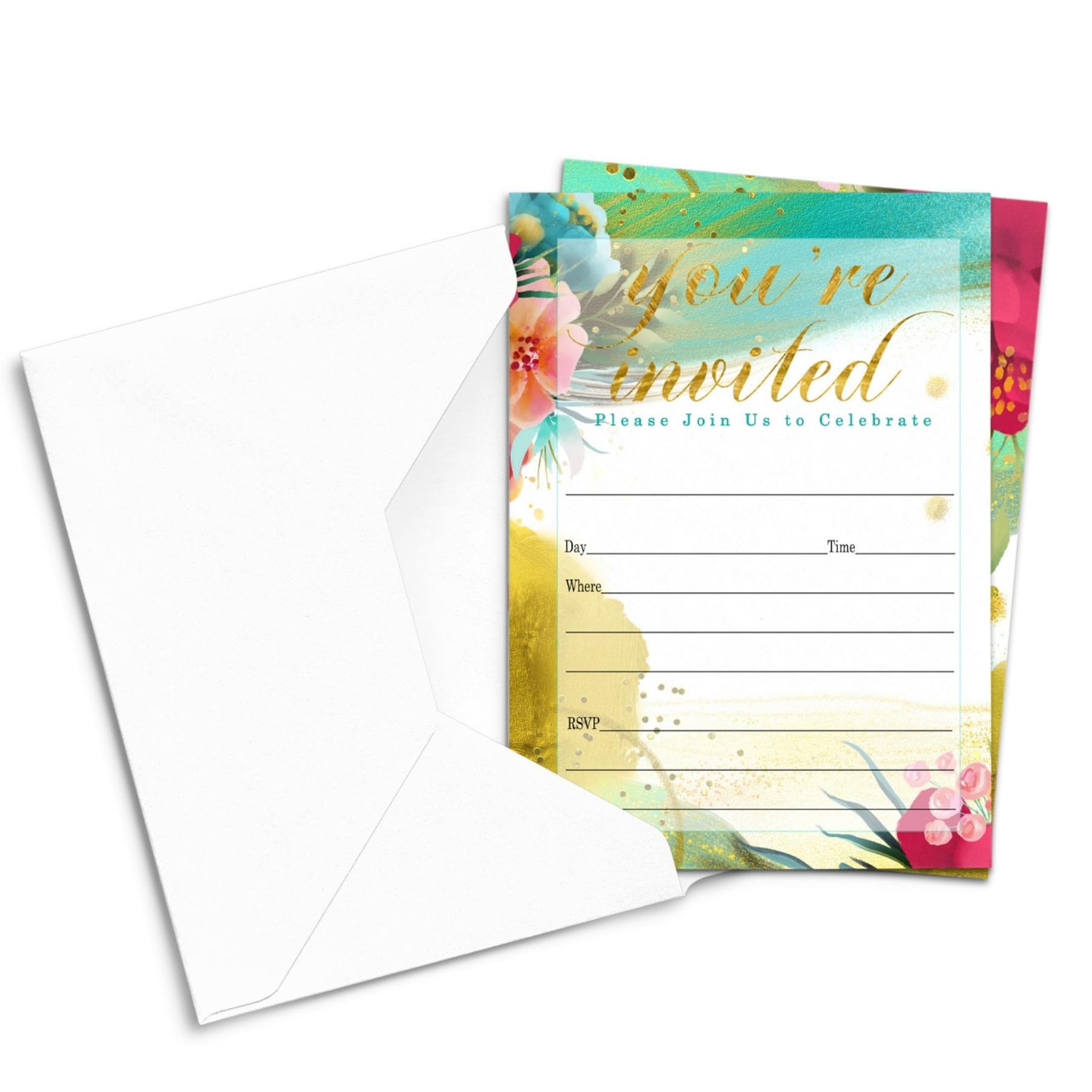 Tropical Aloha Invitations Set - 25 Count Blank Cards with Envelopes for All Occasions including Showers, Weddings, Graduations, and Receptions, 5x7 Size