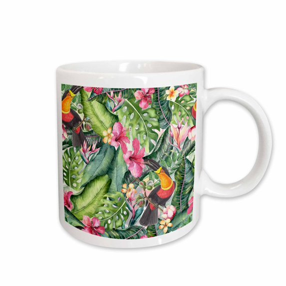 3drose, Tropical Aloha Jungle Summer Hibiscus and Leaves with Birds Pattern, 11oz Mug