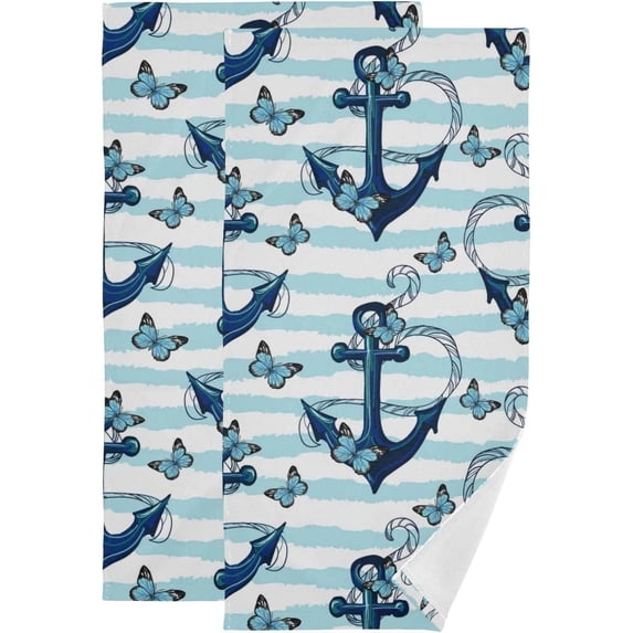 Tropical Anchor Butterflies Hand Towels, Blue Stripes Kitchen Towel Ultra Soft and Absorbent,Decorative Fingertip Face Towel for Bathroom Hotel, 2 PCS, 28.3"x 14.4"