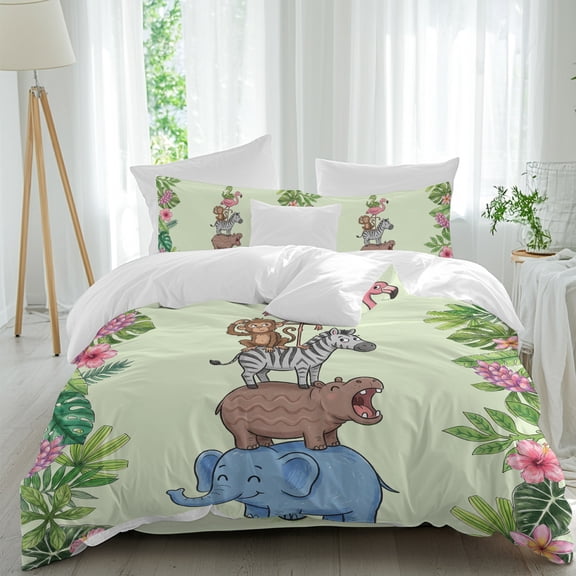 Tropical Animal Comforter Set Queen Size, Zebra Elephant Snake Flame Bird Pink Flower Green Leaf Soft Bedding Set for Man Woman, 4 Pieces Duvet Cover Set with Fitted Sheet, 2 Pillowcases
