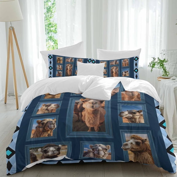 Tropical Animal in Desert Duvet Cover Set Twin Size, Funny Cute Camels Vintage Geometric Blue 4 Piece Bedding Set with Zipper Closure & Corner Ties Soft Breathable Comforter Cover for Bedroom