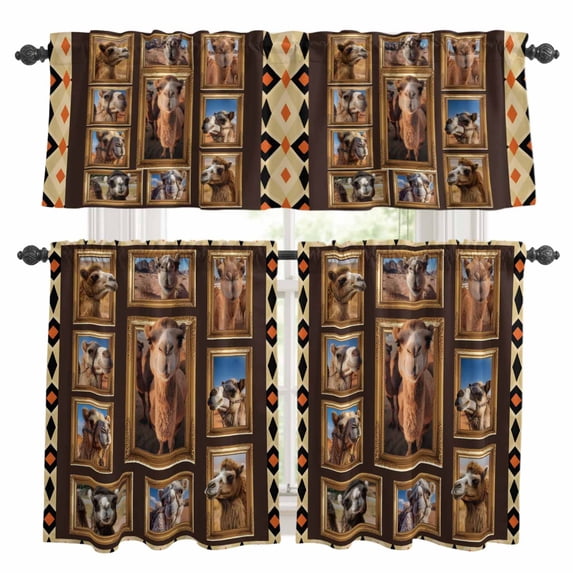 Tropical Animal in Desert Kitchen Curtains Valances and Tiers Set of 3 Funny Cute Camels Vintage Black Geometric Tier Curtains and Valance with Rod Pocket for Small Windows, 27.5"x36"