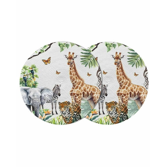 Tropical Animal Round Table Placemats set of 2, Giraffe Zebra Elephant Leopard Washable Woven Place Mats for Dining Tables Kitchen Party Decor,Heat Proof, 13in, Brown Green Gray