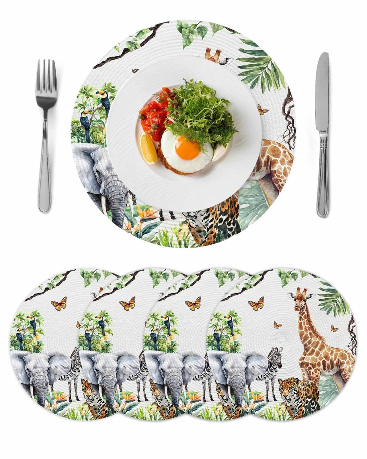 Tropical Animal Round Table Placemats set of 4, Giraffe Zebra Elephant Leopard Washable Woven Place Mats for Dining Tables Kitchen Party Decor,Heat Proof, 13in, Brown Green Gray