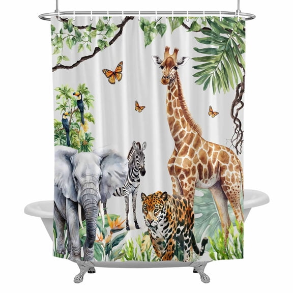 Tropical Animal Shower Curtain Set with Hooks, Giraffe Zebra Elephant Leopard Waterproof Fabric Bathroom Curtains Decor Home Accessories,72 X 72 Inch Long