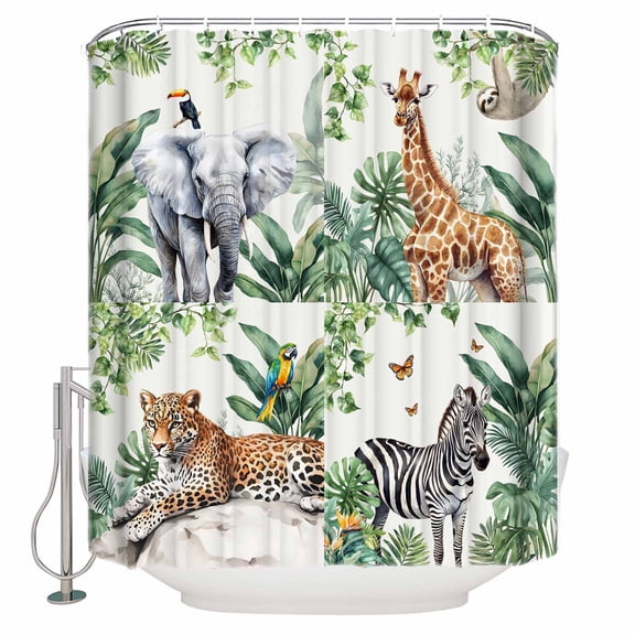 Tropical Animals Bathroom Shower Curtains with 12 Hooks Polyester Waterproof Shower Curtain for Stalls and Bathtubs Summer Elephant Giraffe Leopard Zebra Decorative Bathroom Curtain 54x78 Inches