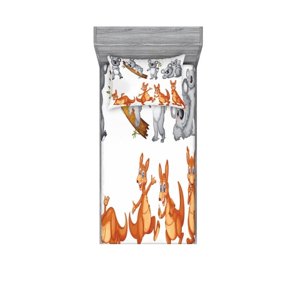 Tropical Animals Bedding Set with Sheet & Covers, Australian Baby Kangaroos and Koala Bears in Different Positions Art Print, Printed Bedroom Decor 2 Shams, 4 Sizes, Grey Brown, by Ambesonne