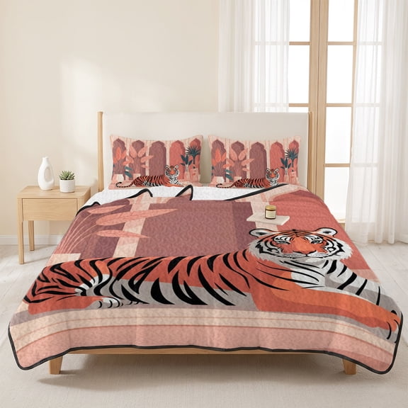 Tropical Animals Bengal Tiger 3 Pieces Quilt Set,1 Quilt with 2 Shams,Boho Arched Windows Bedspread Soft Lightweight Bedding Coverlet Comforter Set for All Season 96"x106"