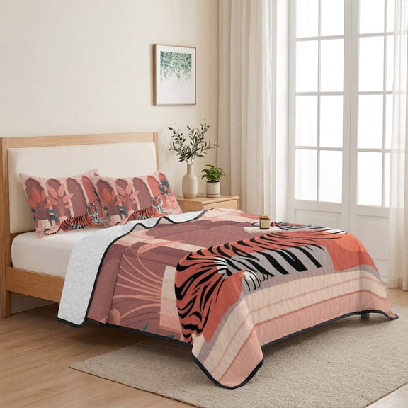 Tropical Animals Bengal Tiger 3 Pieces Quilt Set,1 Quilt with 2 Shams,Boho Arched Windows Bedspread Soft Lightweight Bedding Coverlet Comforter Set for All Season 68"x98"