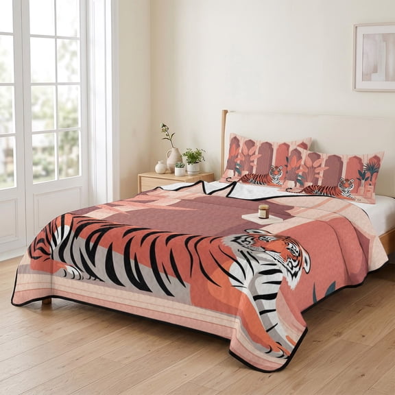 Tropical Animals Bengal Tiger 3 Pieces Quilt Set,1 Quilt with 2 Shams,Boho Arched Windows Bedspread Soft Lightweight Bedding Coverlet Comforter Set for All Season 90"x96"