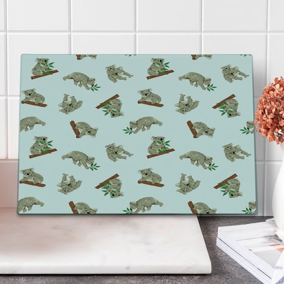 Tropical Animals Cutting Board, Koala Pattern Design Mammals of Nature Australian Animals, Decorative Tempered Glass Cutting and Serving Board, Large Size, White Grey, by Ambesonne